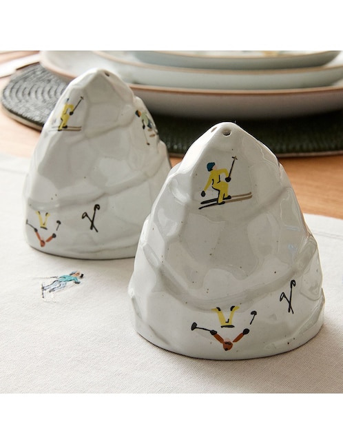 Set salero Holiday Skiers Stoneware de cerámica